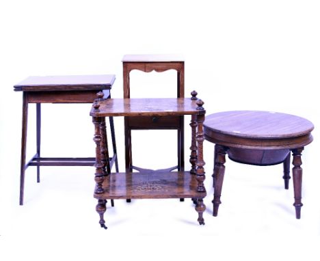 A VICTORIAN WALNUT TWO TIER WHATNOT  54cm wide, an Edwardian fold over card table, a Georgian lamp table, a circular occasion