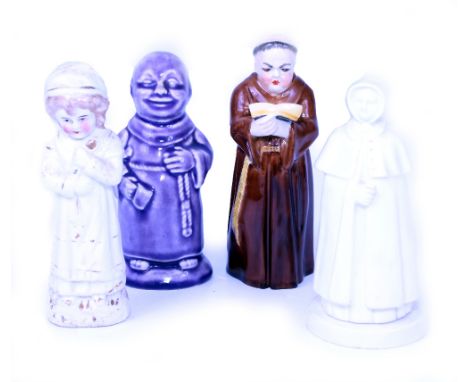 A ROYAL WORCESTER PORCELAIN CANDLE SNUFFER in the form of a monk, 12cm in height, three further porcelain candle snuffers (4)