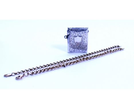A 9 CARAT GOLD CURB AND ROLO LINK CHAIN 19cm in length; a yellow metal chain and a silver vesta case with marks for Chester, 