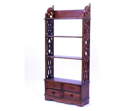 A GEORGIAN STYLE HARDWOOD HANGING WALL SHELF with fretwork decorated sides, 51.5cm wide x 17cm deep x 111cm high