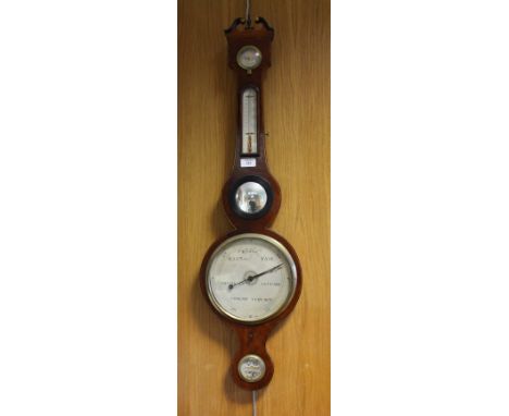 A 19TH CENTURY MAHOGANY CASED WHEEL BAROMETER with unsigned dial and fitted mirror, with compartment to the back, 96cm high 