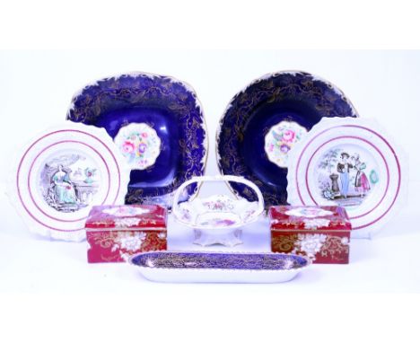 TWO ROYAL WORCESTER BLUE GROUND PORCELAIN PLATES one 24cm diameter together with a pair of Victorian nursery plates, a pair o