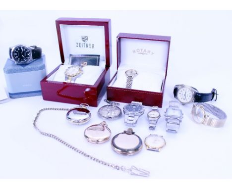 A COLLECTION OF ASSORTED WATCHES to include two Hunter pocket watches, a gilt metal gent's Accurist wrist watch head, a boxed