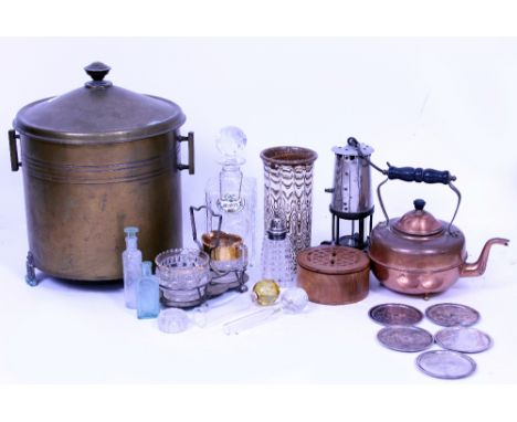 A COPPER COAL BUCKET 30cm diameter together with a miners lamp, a glass decanter with a ceramic brandy label etc