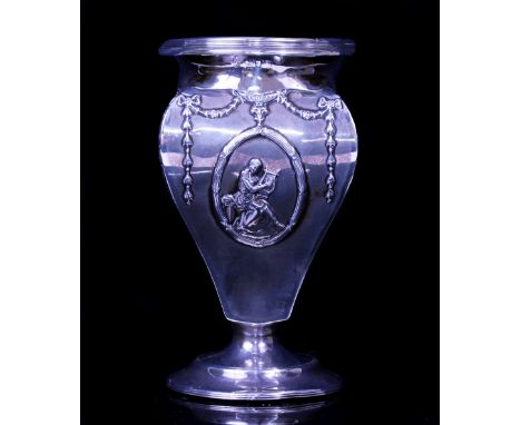 A WILLIAM COMYNS &amp; SONS ART NOUVEAU SILVER VASE OR LAMP BASE with a repousse cartouche and a weighted base, with marks fo