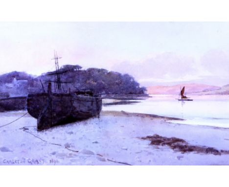 CARLTON GRANT (LATE 19TH / EARLY 20TH CENTURY ENGLISH SCHOOL) Beached barge by a river, watercolour dated 1890, 18cm x 28cm, 