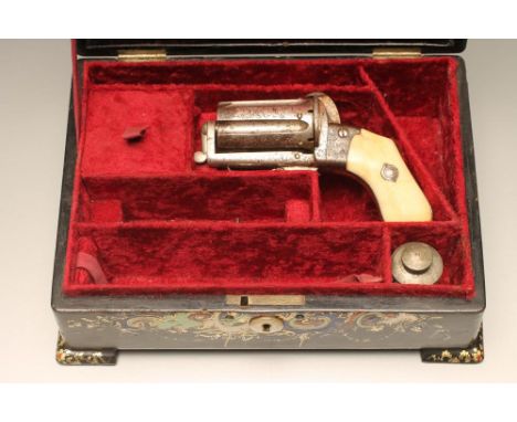 A FRENCH SIX SHOT PINFIRE POCKET REVOLVER, mid 19th century, of nickel plated steel etched throughout with foliate scrolls, f