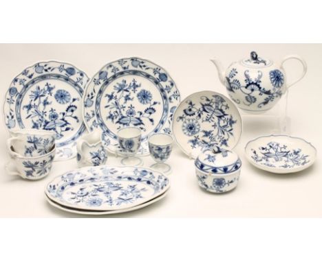 A MEISSEN PORCELAIN MATCHED BREAKFAST SET FOR TWO, various dates, painted in underglaze blue with the "Onion" pattern and com