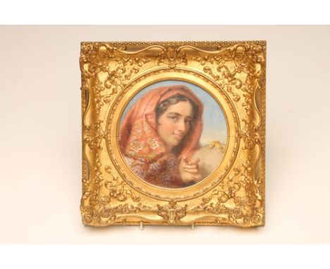 ATTRIBUTED TO HENRY HARRISON MARTIN (fl.1847-1882), "La Gitana", portrait roundel, oil on board, unsigned, artist's label ver