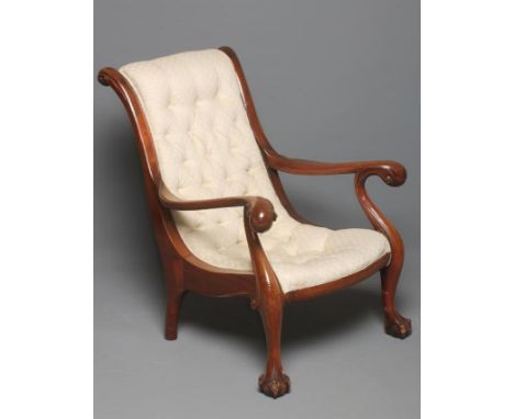 A VICTORIAN MAHOGANY SHOW-WOOD FRAMED ARMCHAIR, c.1850, button upholstered in an ivory weave, boldly scrolled uprights and op