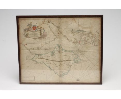 ENGLISH SCHOOL (Late 17th Century), Isle of Wight, hand coloured map with figural dedication to Edward Russell, Admiral of th