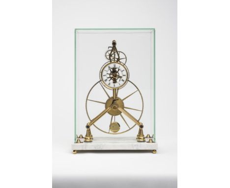 A "GREAT WHEEL SKELETON CLOCK" by Sinclair Harding, modern, the four wheel train with dead beat escapement and silk suspensio