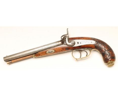 A BELGIAN DOUBLE BARRELLED  PERCUSSION PISTOL, with 6 3/4" barrels, front bead sight, etched steel action, floral and foliate