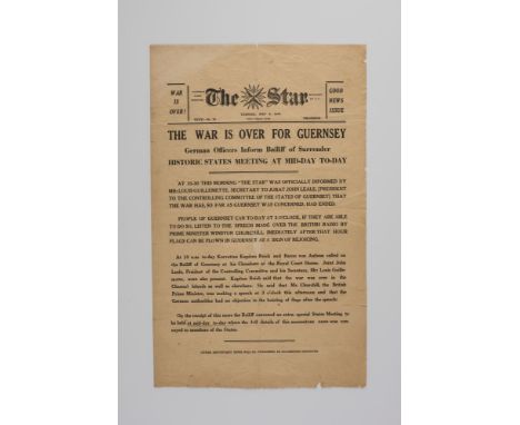 THE WAR IS OVER FOR GUERNSEY, single broadside-style issue of Guernsey's Star Newspaper, May 8, 1945, 32x48cm, announcing the
