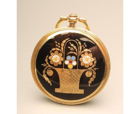 A LATE VICTORIAN MOURNING LOCKET/FOB, the fascia engraved with a basket of flowers with blue, white, red and yellow enamel hi