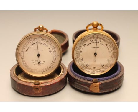 A VICTORIAN POCKET ANEROID BAROMETER, the silvered register inscribed Spencer & Son Dublin, in gilded brass case, 1 3/4" wide