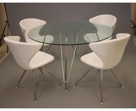 A MARTIN BALLENDAT TONON DESIGN CONCEPT 902 DINING TABLE AND CHAIRS, the circular glass topped table on chrome tubular legs w