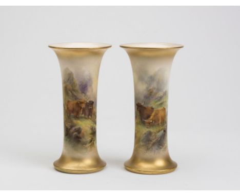 A PAIR OF ROYAL WORCESTER CHINA VASES, 1918, of waisted cylindrical form, painted in polychrome enamels by Stinton with pairs