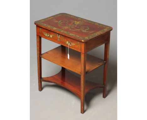 AN EDWARDIAN PAINTED MAHOGANY SIDE TABLE of rounded oblong form with stringing, the top with floral festoons centred by an ur