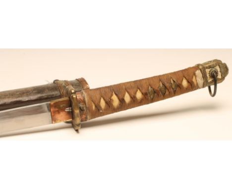 A JAPANESE SECOND WORLD WAR  KATANA, with 27 3/8" blade, wrapped hilt of typical form with brass mounts and button release st