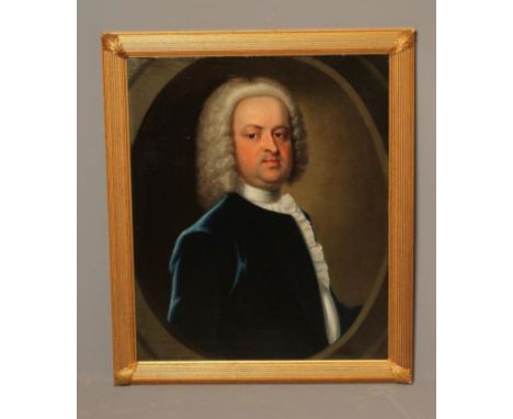 ENGLISH SCHOOL (18th Century), Portrait of a Gentleman wearing a wig, blue velvet coat and frilled shirt, half length, oil on