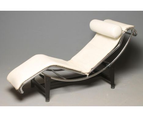 A LE CORBUSIER LC4 LOUNGER, 1970's, in white leather and chromed tubular steel, on separate matt black tubular stand, 63" x 2