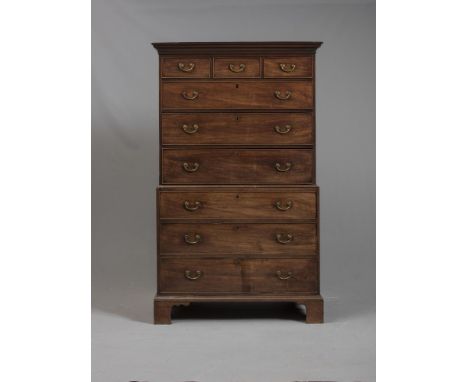 A GEORGIAN MAHOGANY CHEST ON CHEST, late 18th century, the cavetto moulded cornice over three small frieze drawers and three 