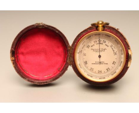 A VICTORIAN POCKET BAROMETER, the silvered dial inscribed R. Clark, Newcastle, in gilded brass case with compass to underside