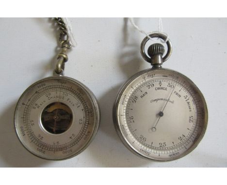 A VICTORIAN POCKET BAROMETER with keyless wind adjuster in engine turned silver case, London 1894, 2" wide, together with a s