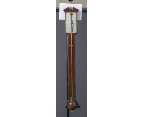 A MAHOGANY STICK BAROMETER, signed Dolland, London, c.1800, with exposed mercury tube and single vernier silvered dial, the m