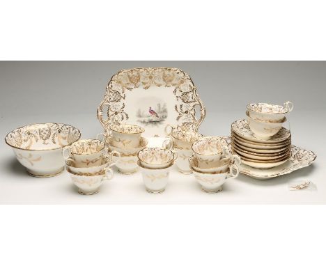 AN EARLY VICTORIAN CHINA PART TEA AND COFFEE SERVICE each piece centrally painted with a vignette of a game bird in landscape
