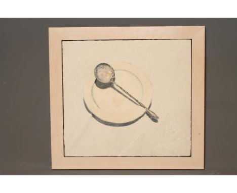ALEXIS BILENKO (Contemporary), "Ladle and Plate on Embroidered Cloth", oil on board, unsigned, R.A. Summer Exhibition 2000 la