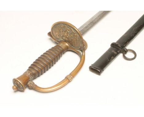 AN OFFICER'S SWORD, c.1850, the 34 1/2" blade etched with drums, shields, swords and the Congan coat of arms amid foliate scr