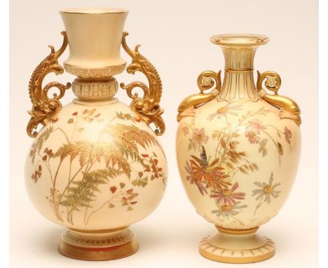 A LATE VICTORIAN ROYAL WORCESTER BLUSH IVORY CHINA VASE, 1893, of ovoid form with fluted waisted neck and two dolphin loop ha