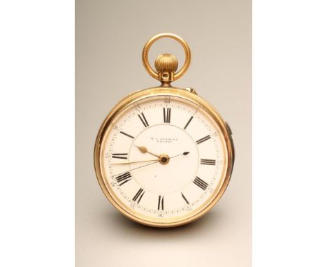 A LATE VICTORIAN 18CT GOLD TOP WIND POCKET WATCH, the white enamel dial with black Roman hour and Arabic minute numerals, cen