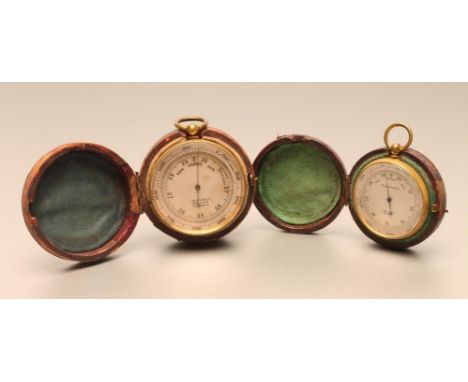 A VICTORIAN POCKET BAROMETER, the silvered dial inscribed J. Rattray, Dundee, in gilded brass case, 1 3/4" wide, red leather 