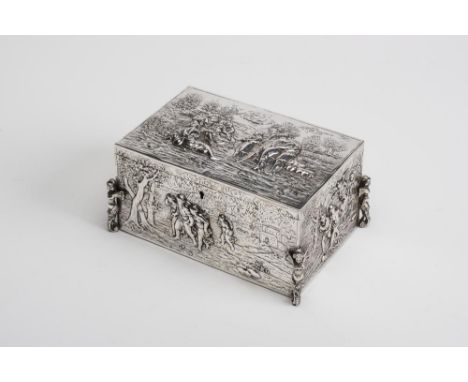 A CONTINENTAL CASKET, London import marks 1895, maker William Moering, of plain oblong form supported on winged caryatids, al