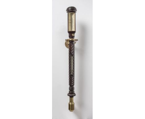 A MAHOGANY MARINE STICK BAROMETER, c.1850, with gimbal, the trunk inset with a mercury Fahrenheit thermometer, single vernier