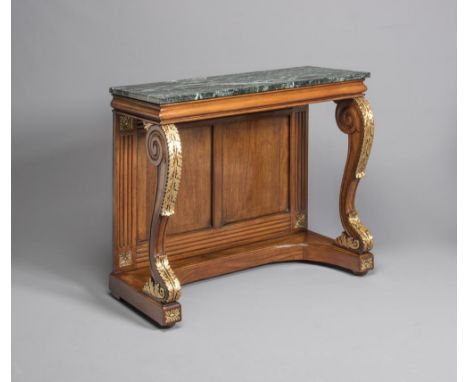 A GEORGIAN MAHOGANY AND PARCEL GILT CONSOLE TABLE, early 19th century, of oblong form with green marble top, cushion moulded 