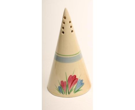 A CLARICE CLIFF WILKINSON POTTERY CONICAL SUGAR SIFTER, 1930's, painted in pink, blue and green with the "Spring Crocus" patt