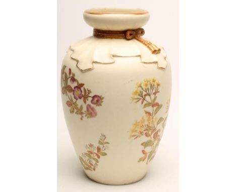 A VICTORIAN ROYAL WORCESTER CHINA VASE, 1888, of ovoid form with tassel tied swagged shoulders, printed and painted with scat