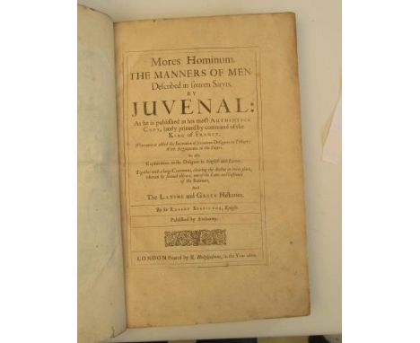 MORES HOMINUM, The Manners of Men? Juvenal, Translated by Sir Robert Stapylton, 1660, R Hodgkinsone. Folio bound in ex-librar