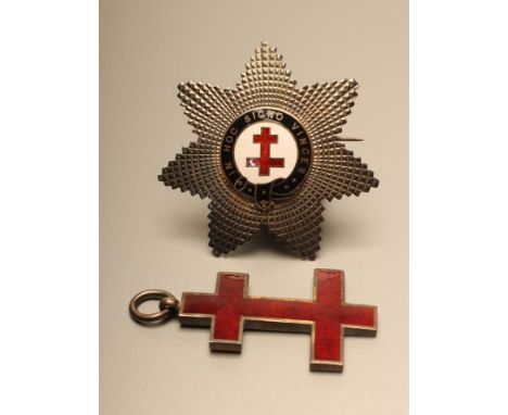 A KNIGHTS TEMPLAR LATE VICTORIAN SILVER AND ENAMEL BREAST BADGE, Birmingham 1891, 26.6g gross, together with a later silver g