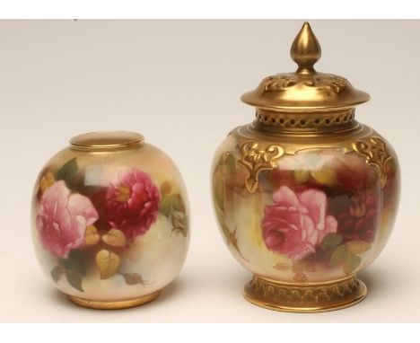A ROYAL WORCESTER CHINA POT POURRI AND COVER, 1918, of lobed globular form, painted by E.M. Fildes with full blown pink and c