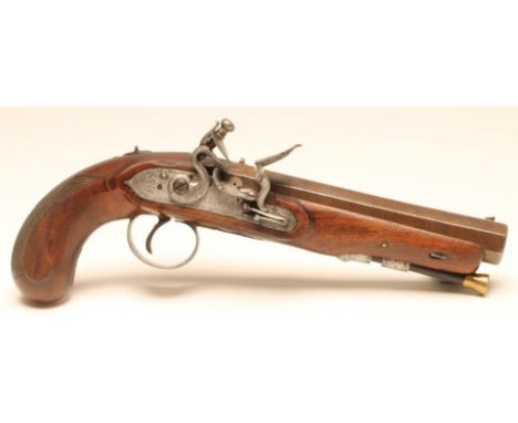 A FLINTLOCK PISTOL, early 19th century, with 6" octagonal damascus barrel, front and rear sight, foliate etched action indist