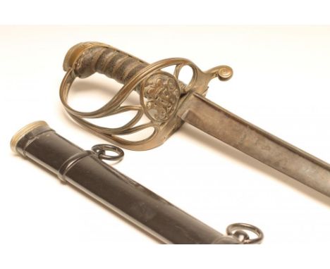 AN 1822 PATTERN OFFICER'S SWORD, with 32 1/2" pipe back curved blade, brass hilt of typical form with VR cypher and hinged gu