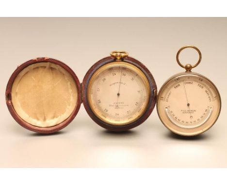 A VICTORIAN LARGE POCKET ANEROID BAROMETER, the silvered dial signed J. Hicks, London, in plain gilded brass case, 2 3/4" wid