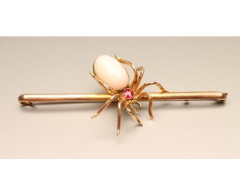 A LATE VICTORIAN SPIDER BROOCH, with oval cabochon polished opal body and circular facet cut ruby head on a 9ct gold bar, 3" 