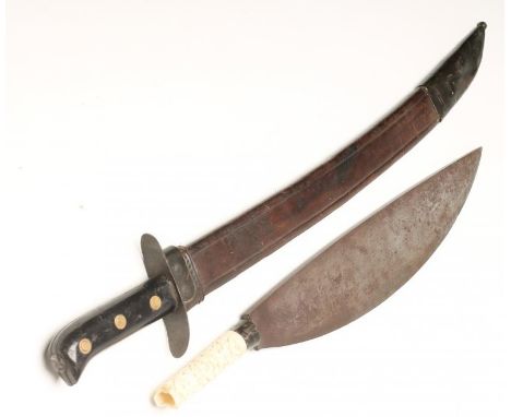 A DUTCH KLEWANG, with 17 3/4" fullered blade, composite grip and leather scabbard, 24 1/2" long, together with a Moro Barong,