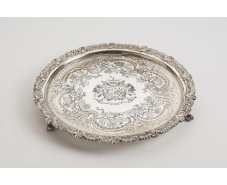 A LATE GEORGE III SILVER SALVER, maker R. Gainsford, Sheffield 1816, of circular form with foliate, scroll and gadroon cast r